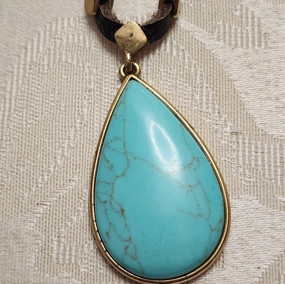LUCKY BRAND Vintage Turquoise Teardrop Pendant Necklace – Brown Cord - Picture 4 of 6